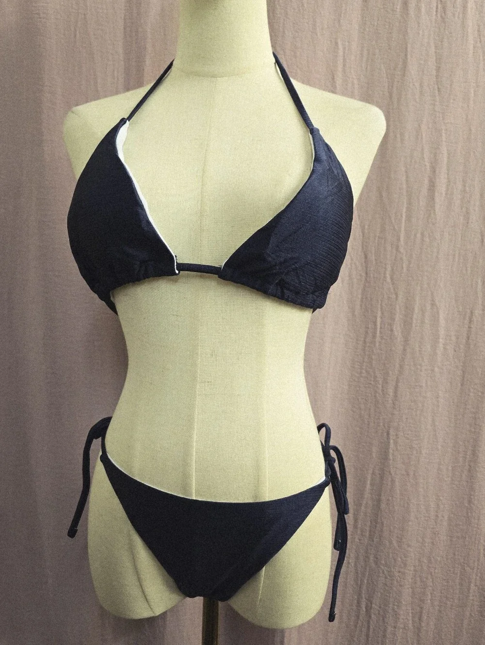 Shein 3Pc Texture Satin Halter Triangle & Side Tie Bikini Set- Navy, Medium
